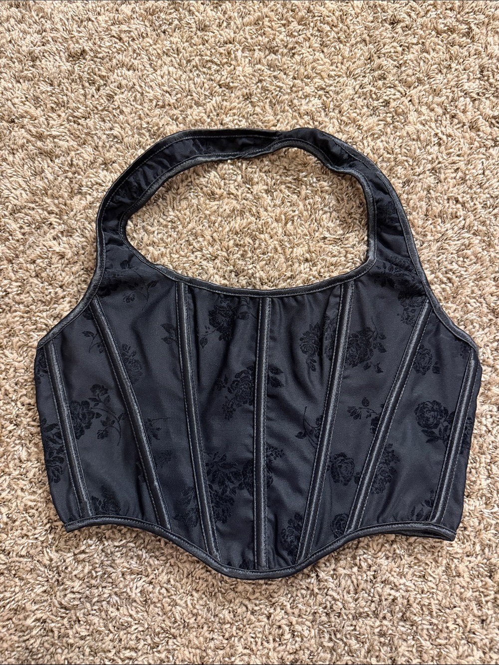 Source Unknown Black Floral Halter Corset Crop Top
